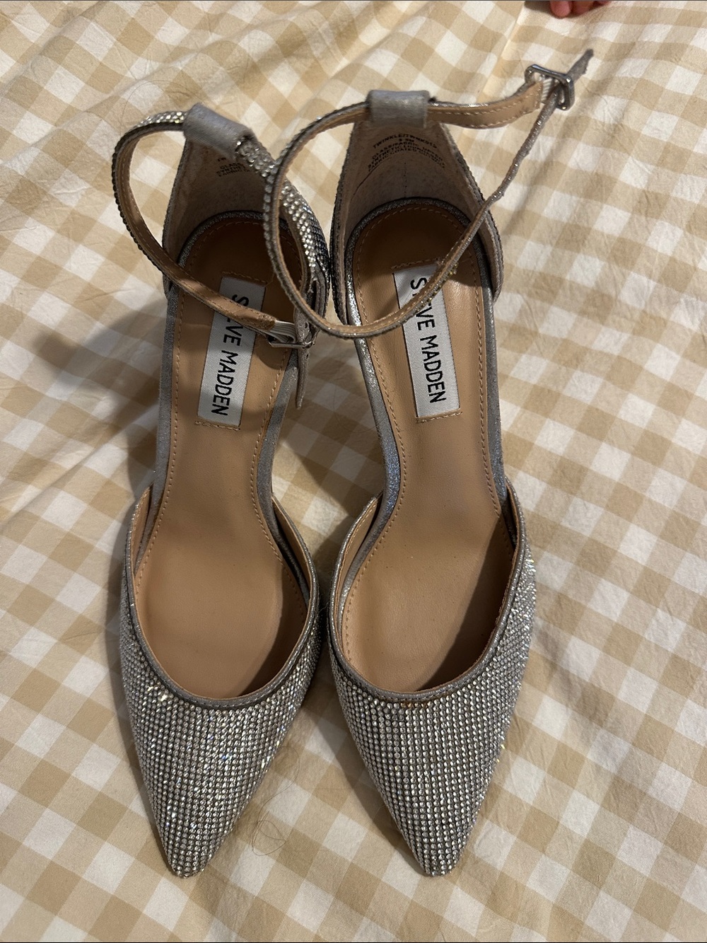 Steve Madden Silver Rhinestone Pointed-Toe Ankle-Strap Heels